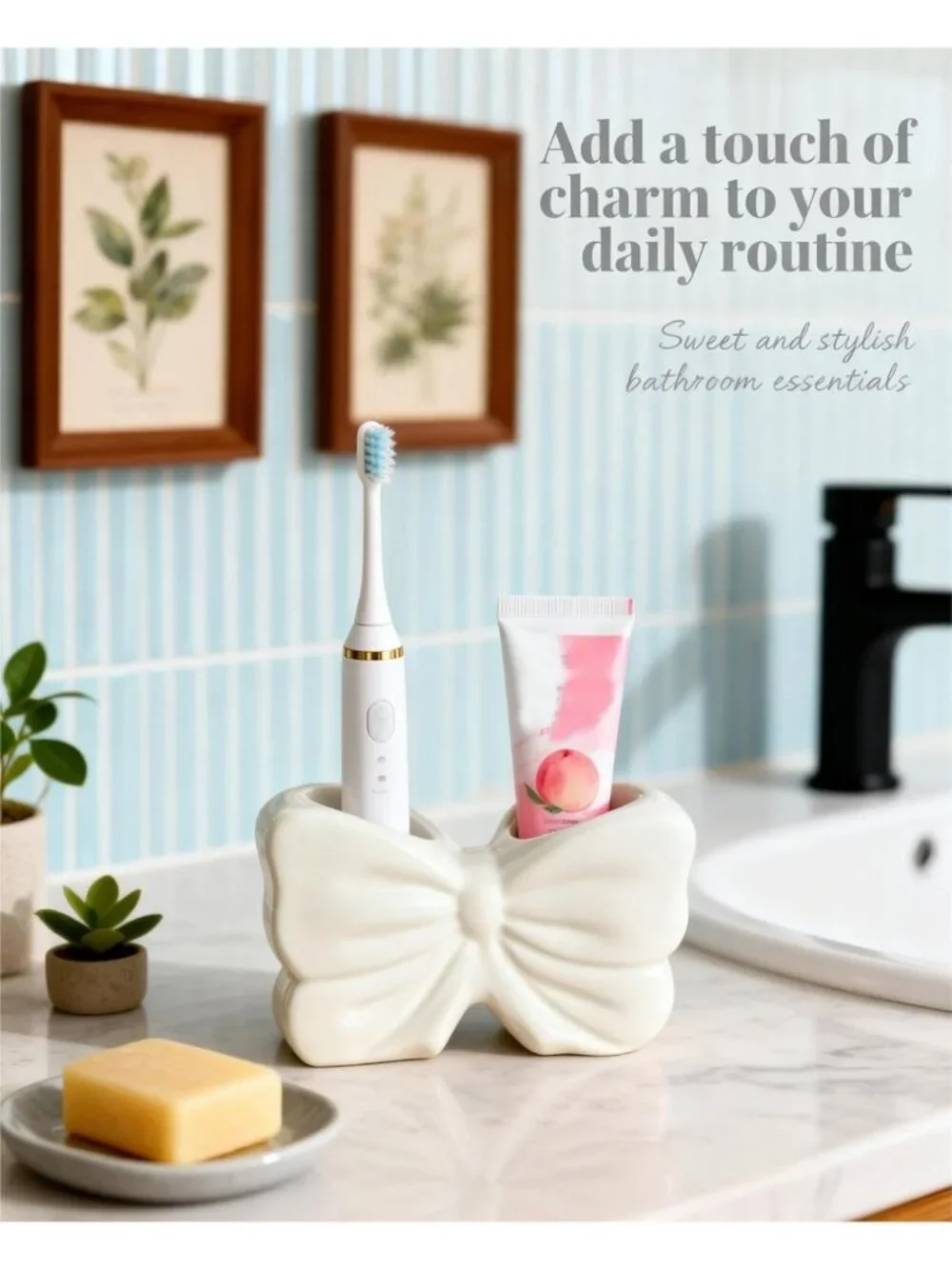 Cute Ceramic Bowtie Toothbrush Holder - 2 Slots, Quick Dry Bathroom Decor